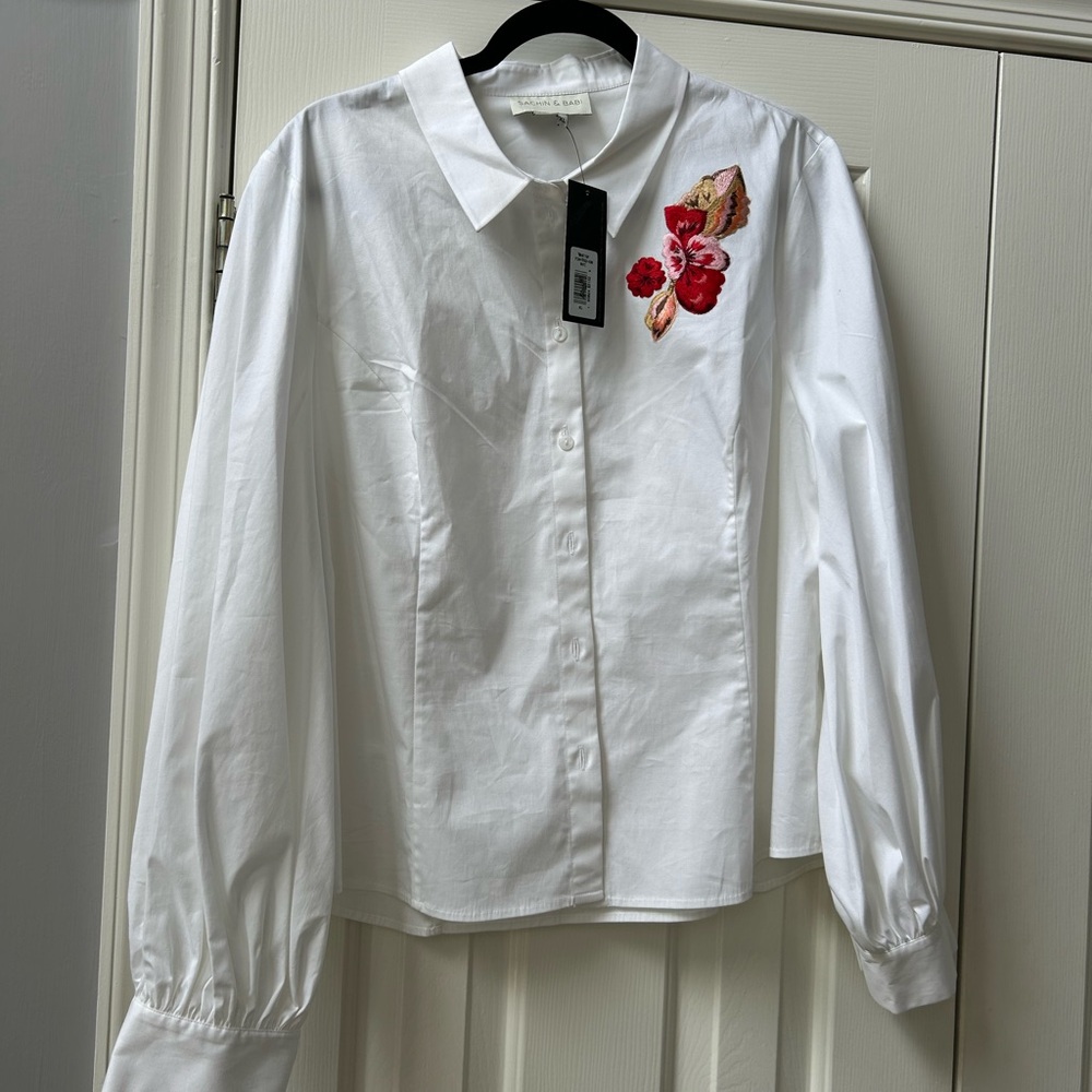 Sachin + Babi White Blouse with Red Floral Detail